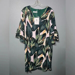 NWT Belongsci Green Tropical Floral Leaf Shift Dress XL Bell Sleeves Lined TWE